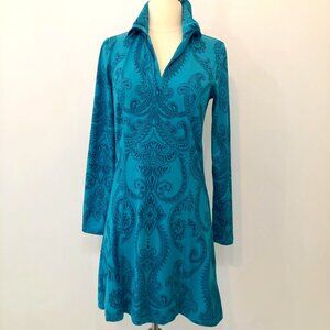 Tehama Shirt Dress Women Sz XS Blue Paisley Athletic Stretch Long Sleeve 1/4 Zip